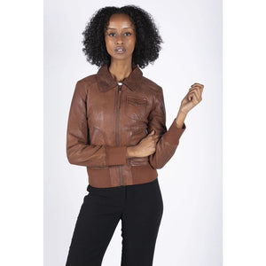Women's Leather Bomber Jacket Short Zipped Brown Tan Black Blue Grey - Timber - Infinity Leather - 18