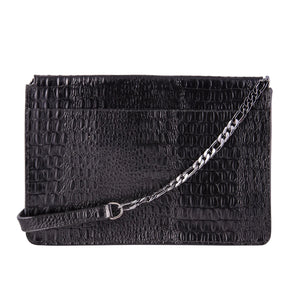Women's Leather Buckle Hide Clutch Shoulder Bag Metal Chain Cross Body - Black - TruClothing.com - 12