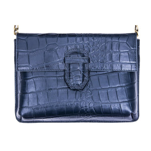 Women's Leather Buckle Hide Clutch Shoulder Bag Metal Chain Cross Body - Navy - TruClothing.com - 49