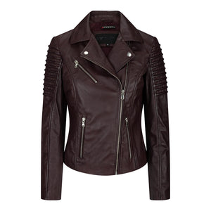 Women's Leather Burgundy Biker Jacket - Aviatrix - 1