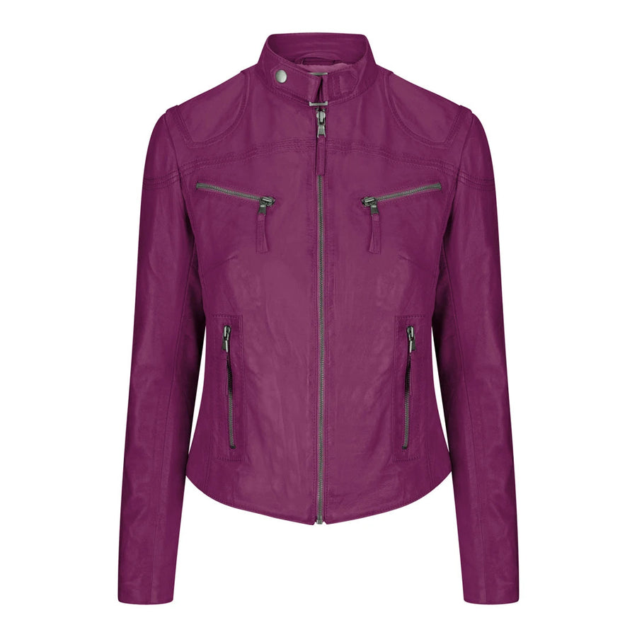 Brązowa dopasowana skórzana kurtka damska typu biker - Fioletowy - Infinity Leather - 1
