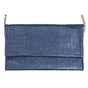 Women's Leather Hide Clutch Shoulder Bag With Metal Chain Cross Body - Navy - TruClothing.com - 19