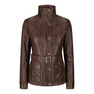 Damska skórzana wojskowa kurtka ze stójką czarna brązowa - Brązowy - Infinity Leather - 5