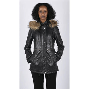 Damska parka skórzana 3/4 z odpinanym futrzanym kapturem z zapięciem na guziki i zamkiem - Czarny - Infinity Leather - 3