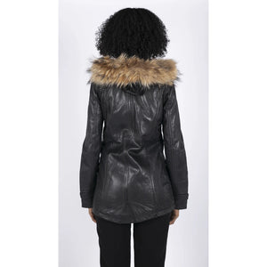 Damska parka skórzana 3/4 z odpinanym futrzanym kapturem z zapięciem na guziki i zamkiem - Czarny - Infinity Leather - 5