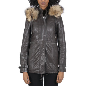 Damska parka skórzana 3/4 z odpinanym futrzanym kapturem z zapięciem na guziki i zamkiem - Brązowy - Infinity Leather - 6