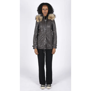 Damska parka skórzana 3/4 z odpinanym futrzanym kapturem z zapięciem na guziki i zamkiem - Brązowy - Infinity Leather - 7