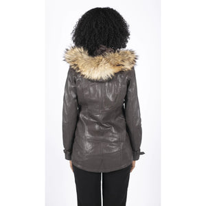 Damska parka skórzana 3/4 z odpinanym futrzanym kapturem z zapięciem na guziki i zamkiem - Brązowy - Infinity Leather - 9