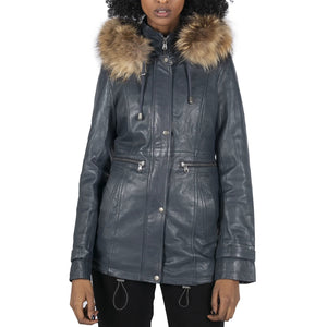 Damska parka skórzana 3/4 z odpinanym futrzanym kapturem z zapięciem na guziki i zamkiem - Granatowy - Infinity Leather - 10