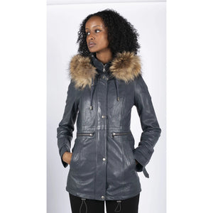 Damska parka skórzana 3/4 z odpinanym futrzanym kapturem z zapięciem na guziki i zamkiem - Granatowy - Infinity Leather - 12