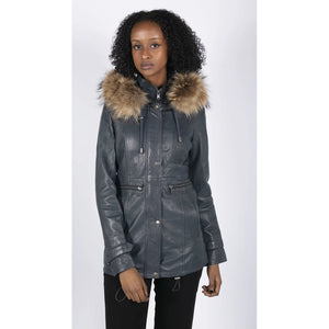 Damska parka skórzana 3/4 z odpinanym futrzanym kapturem z zapięciem na guziki i zamkiem - Granatowy - Infinity Leather - 13