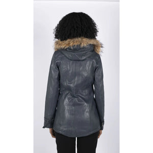 Damska parka skórzana 3/4 z odpinanym futrzanym kapturem z zapięciem na guziki i zamkiem - Granatowy - Infinity Leather - 14