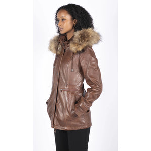 Damska parka skórzana 3/4 z odpinanym futrzanym kapturem z zapięciem na guziki i zamkiem - Timber - Infinity Leather - 18