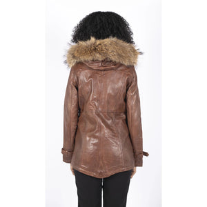 Damska parka skórzana 3/4 z odpinanym futrzanym kapturem z zapięciem na guziki i zamkiem - Timber - Infinity Leather - 19