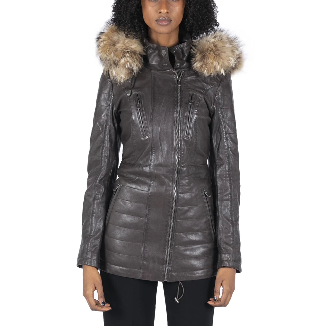 Women's Leather Parka Jacket 3/4 Fur Hood Zipped Brown Tan Grey - Infinity Leather - 1