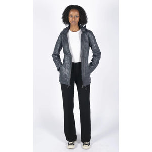 Women's Leather Parka Jacket 3/4 Fur Hood Zipped Brown Tan Grey - Infinity Leather - 8