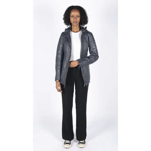Women's Leather Parka Jacket 3/4 Fur Hood Zipped Brown Tan Grey - Infinity Leather - 9