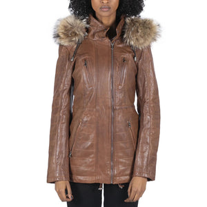 Women's Leather Parka Jacket 3/4 Fur Hood Zipped Brown Tan Grey - Timber - Infinity Leather - 11