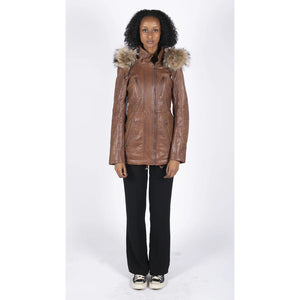 Women's Leather Parka Jacket 3/4 Fur Hood Zipped Brown Tan Grey - Timber - Infinity Leather - 12