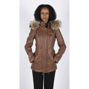 Women's Leather Parka Jacket 3/4 Fur Hood Zipped Brown Tan Grey - Timber - Infinity Leather - 13