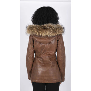 Women's Leather Parka Jacket 3/4 Fur Hood Zipped Brown Tan Grey - Timber - Infinity Leather - 14