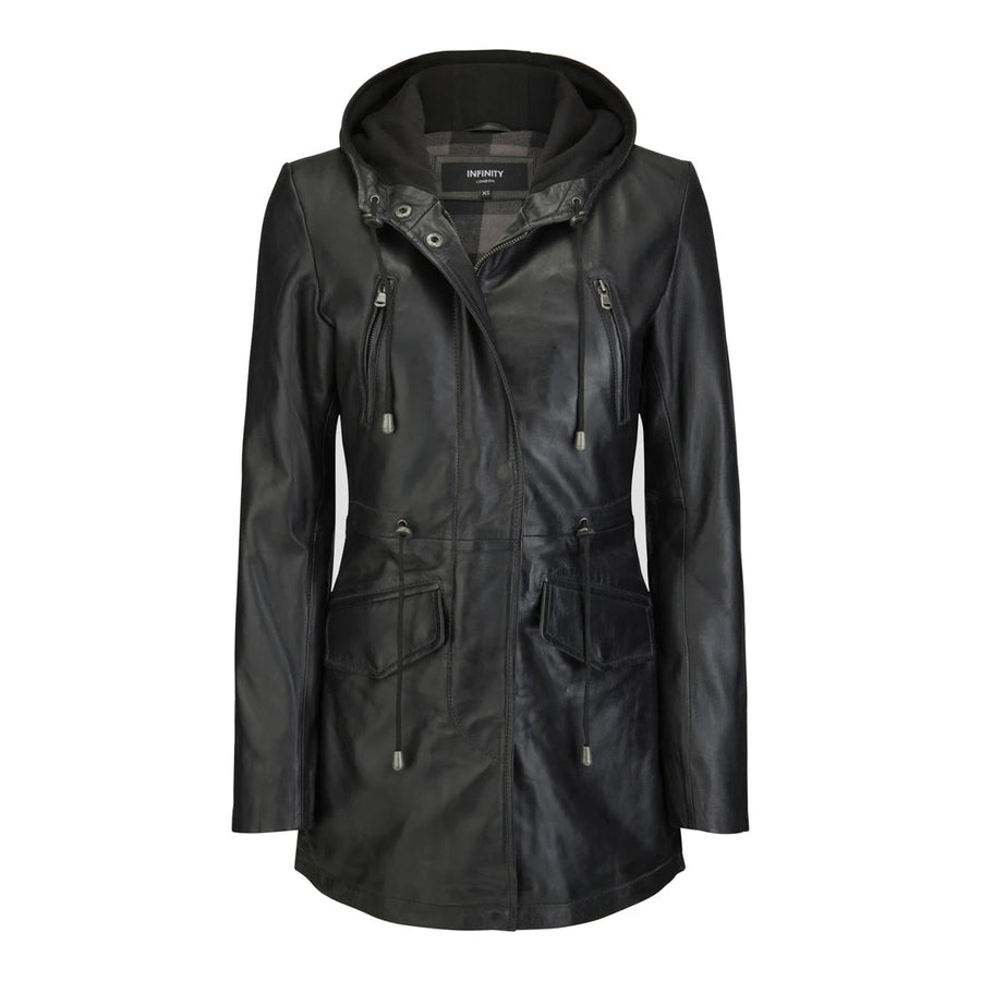 Granatowa i brązowa kurtka parka z kapturem damska skórzana - Czarny - Infinity Leather - 1