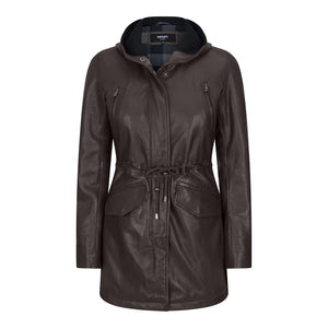 Granatowa i brązowa kurtka parka z kapturem damska skórzana - Brązowy - Infinity Leather - 4