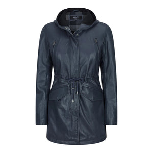 Granatowa i brązowa kurtka parka z kapturem damska skórzana - Granatowy - Infinity Leather - 8
