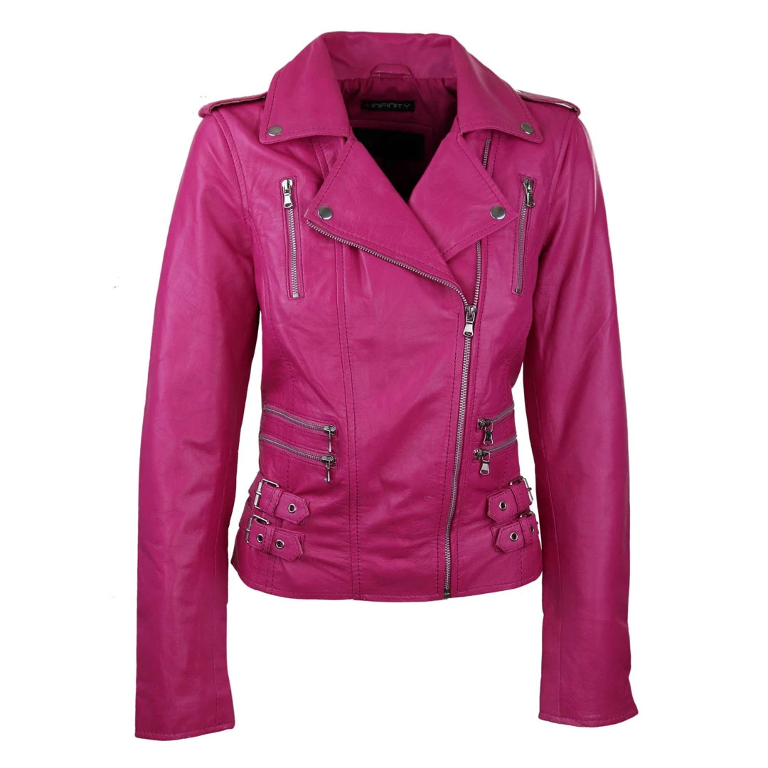 Women's Leather Pink Short Biker Jacket - Infinity Leather - 1