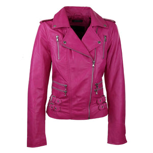 Women's Leather Pink Short Biker Jacket - Infinity Leather - 1