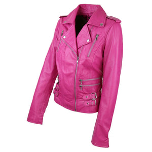 Women's Leather Pink Short Biker Jacket - Infinity Leather - 2