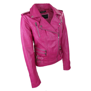 Women's Leather Pink Short Biker Jacket - Infinity Leather - 3