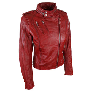 Women's Leather Red Biker Jacket Velvet Lining - Aviatrix - 9