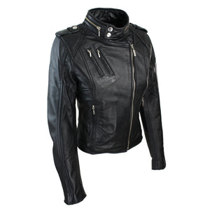 Women's Leather Red Biker Jacket Velvet Lining - Black - Aviatrix - 2