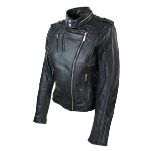 Women's Leather Red Biker Jacket Velvet Lining - Black - Aviatrix - 3