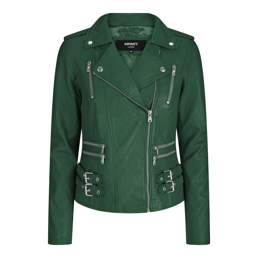 Women's Leather Short Biker Jacket - Dark Green - Infinity Leather - 1