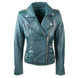 Women's Leather Short Biker Jacket - Teal - Infinity Leather - 19