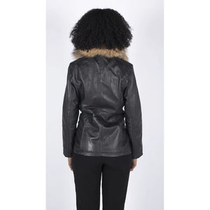 Women's Leather Short Parka Jacket Coat Fur Hood Zipped Brown Tan Black - Infinity Leather - 5