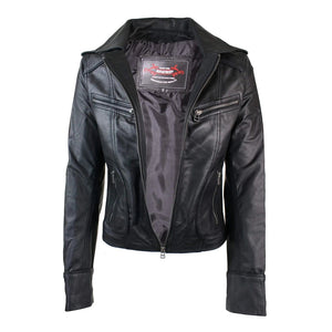 Women's Leather Short Slim Fit Biker Jacket - Black - Aviatrix - 9
