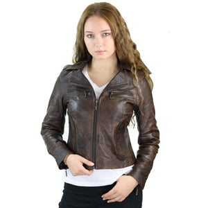 Women's Leather Short Slim Fit Biker Jacket - Brown - Aviatrix - 26