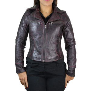 Women's Leather Short Slim Fit Biker Jacket - Burgundy - Aviatrix - 34