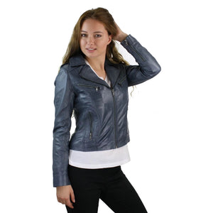 Women's Leather Short Slim Fit Biker Jacket - Grey - Aviatrix - 22