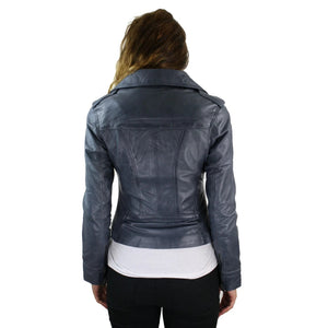 Women's Leather Short Slim Fit Biker Jacket - Grey - Aviatrix - 23