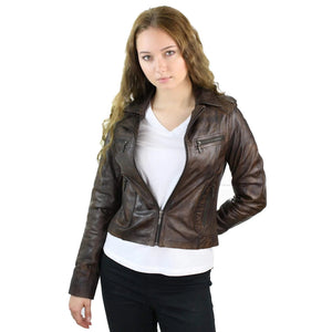 Women's Leather Short Slim Fit Biker Jacket - Grey - Aviatrix - 24