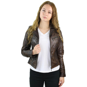 Women's Leather Short Slim Fit Biker Jacket - Grey - Aviatrix - 25