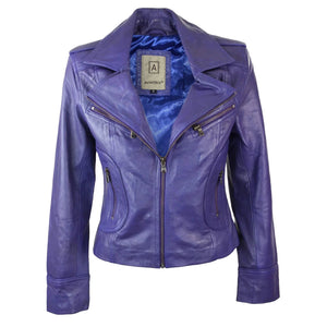 Women's Leather Short Slim Fit Biker Jacket - Purple - Aviatrix - 11