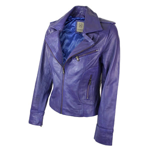 Women's Leather Short Slim Fit Biker Jacket - Purple - Aviatrix - 12