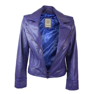 Women's Leather Short Slim Fit Biker Jacket - Purple - Aviatrix - 14