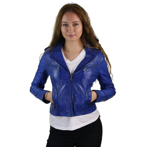Women's Leather Short Slim Fit Biker Jacket - Royal Blue - Aviatrix - 30