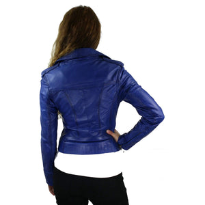 Women's Leather Short Slim Fit Biker Jacket - Royal Blue - Aviatrix - 32